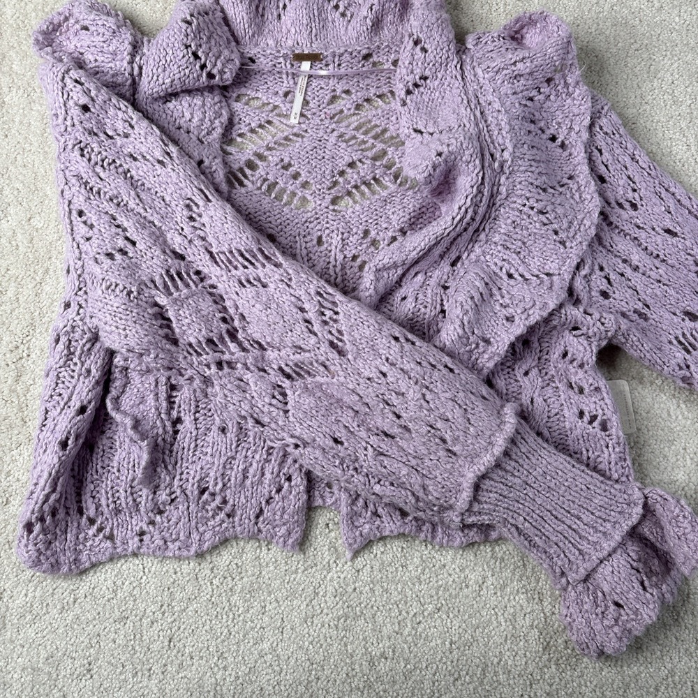 Free People Avery Crop Cardigan Orchid Dust Women's Medium Crochet Purple NWT - Picture 13 of 16